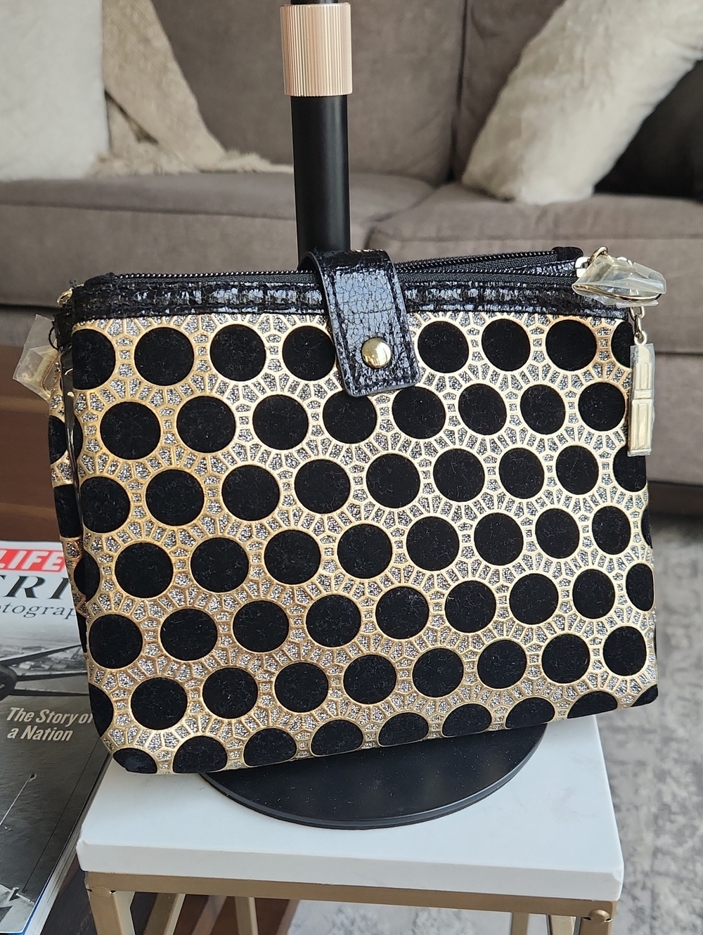 NWT Dior Beauty Black & Gold Polka Dot Velvet Lattice Cosmetic Pouch With Charms